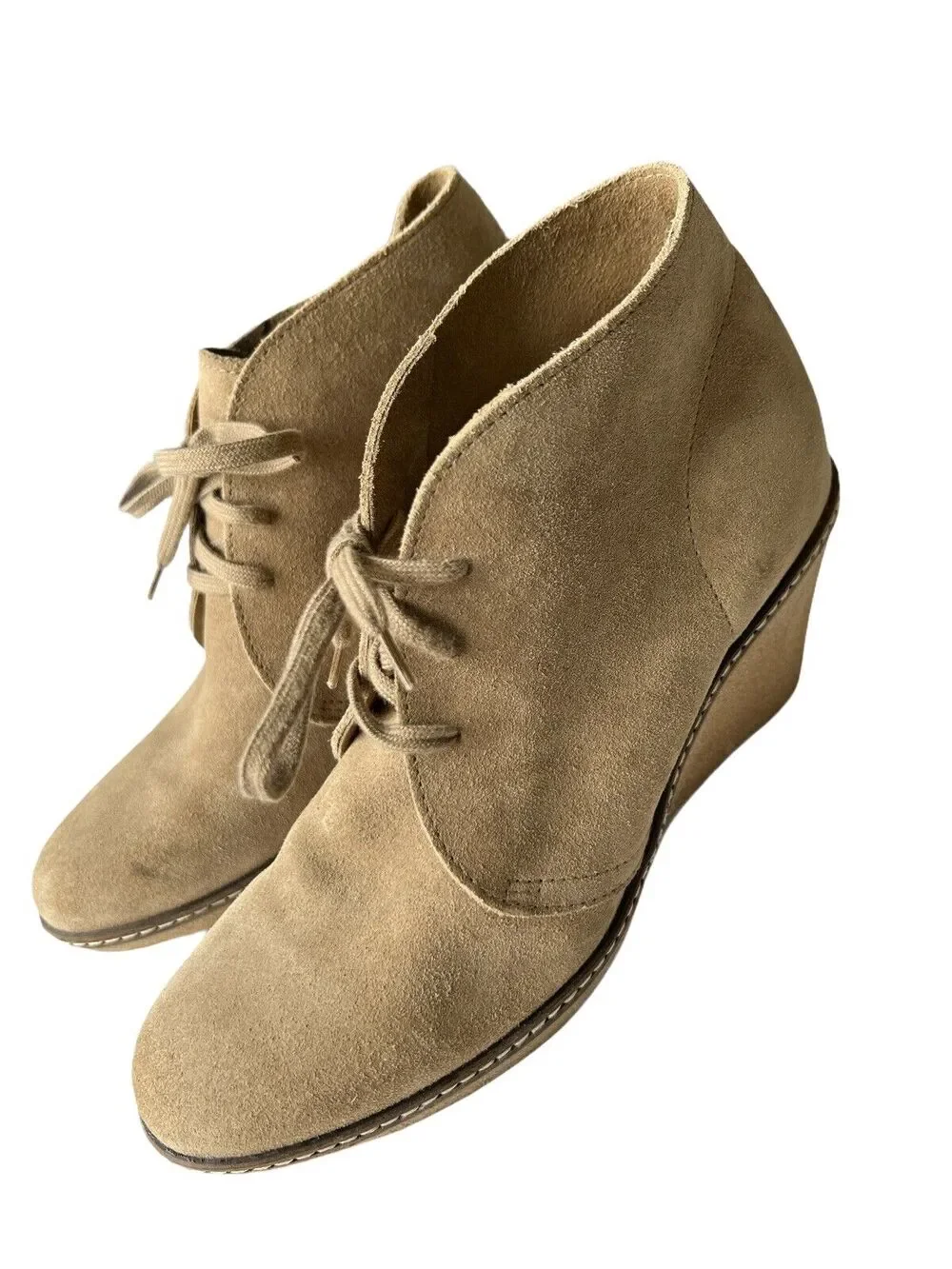 8 Medium J Crew Womens Suede Lace Up Platform Wedge Ankle Boots Beige